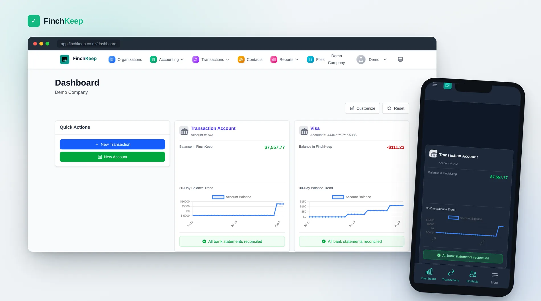 FinchKeep dashboard on desktop (light mode) and mobile (dark mode)